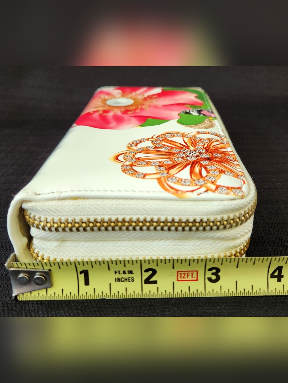Floral Butterfly Print Double Zip Around Wallet White Patent Faux Leather Clutch - Picture 6 of 16